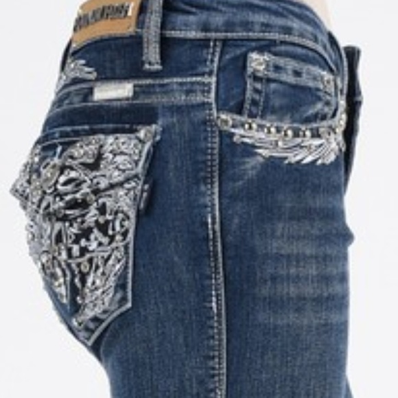 Platinum Plush Denim - Motorcycle Wing Boot Leg Jeans w/Rhinestone Detail